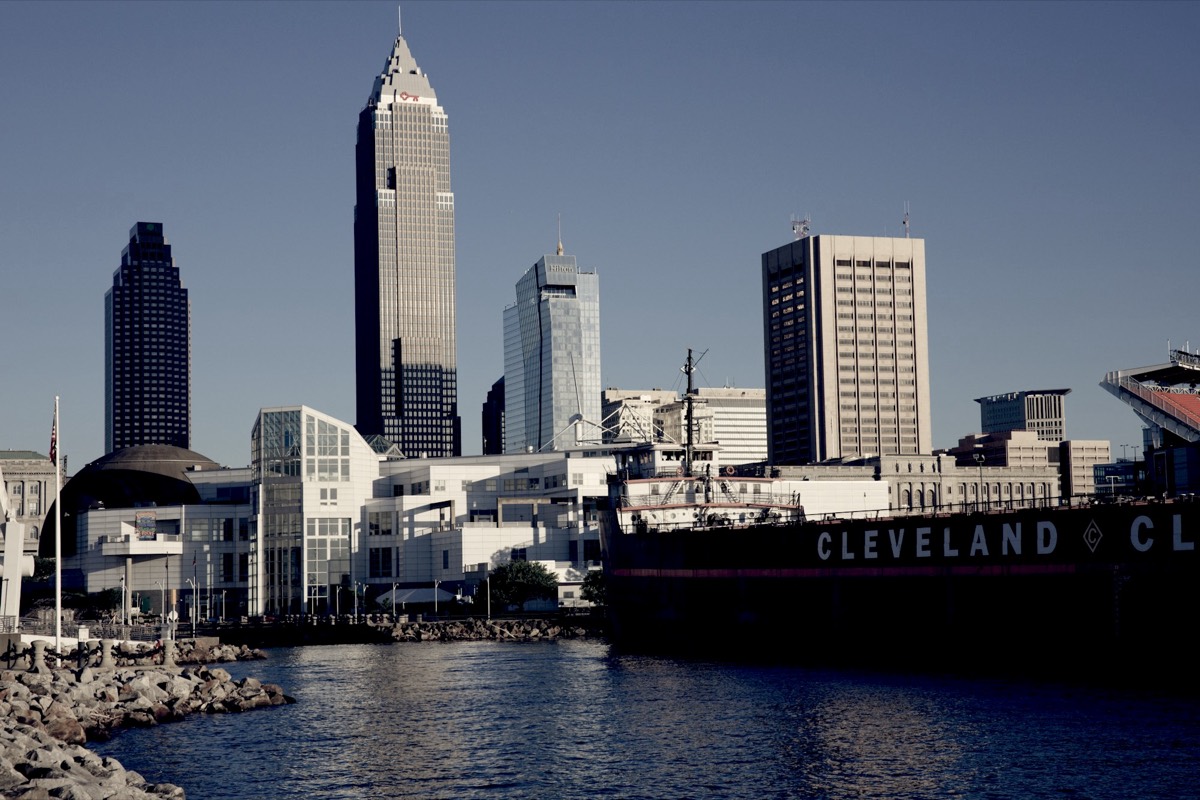 Downtown Cleveland skyline over the harbor on a clear day